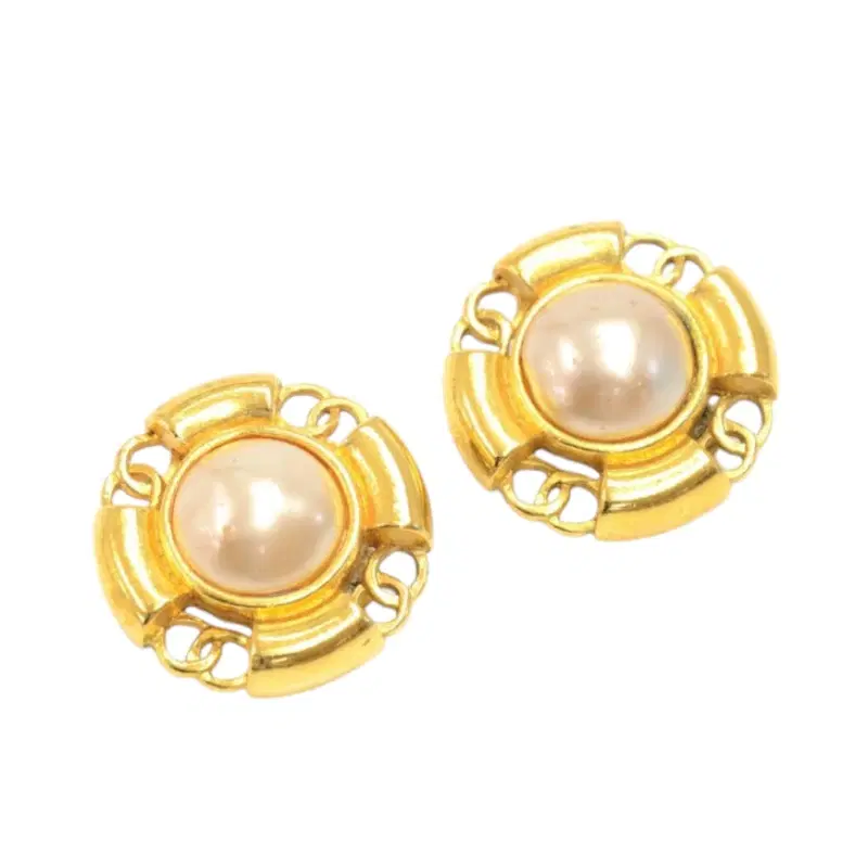 Chanel Gold Vintage Large Pearl X Tone Cc Logo Round Earring