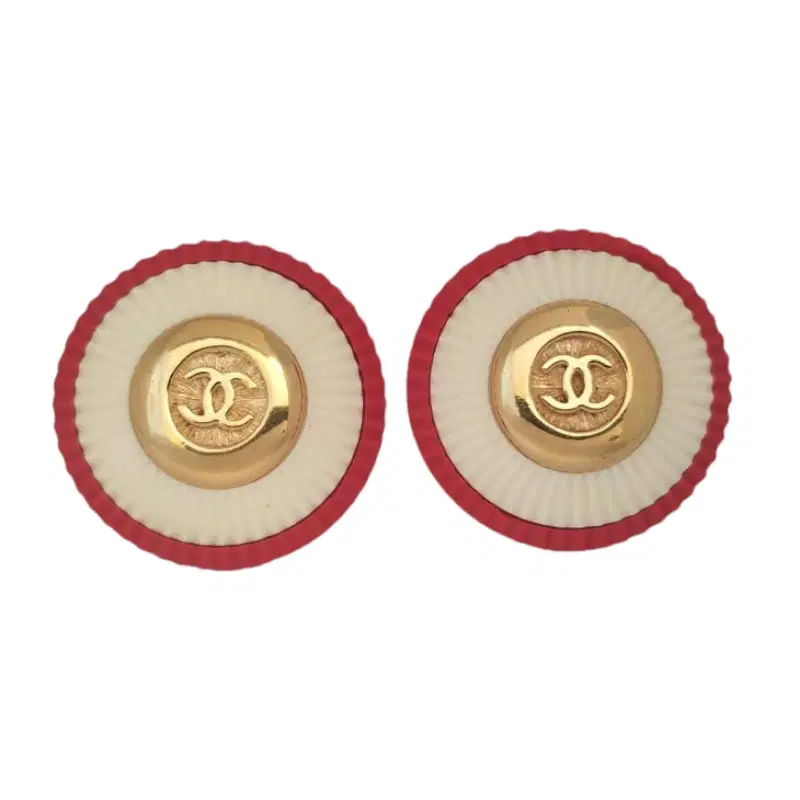 Chanel Vintage CC Logo Red and White Round Earrings
