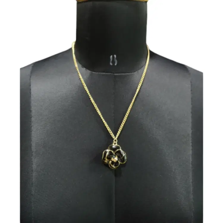 Chanel Black & Gold Enamel Camellia Flower Necklace-Hover-Image
