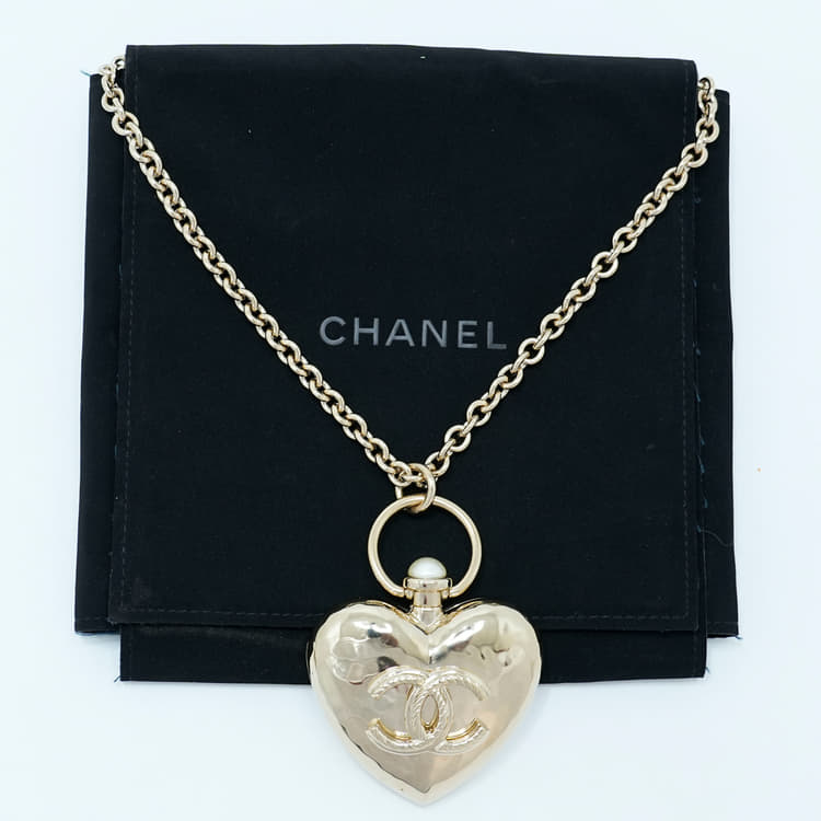 Chanel Metal CC Heart Locket Necklace Gold-Hover-Image