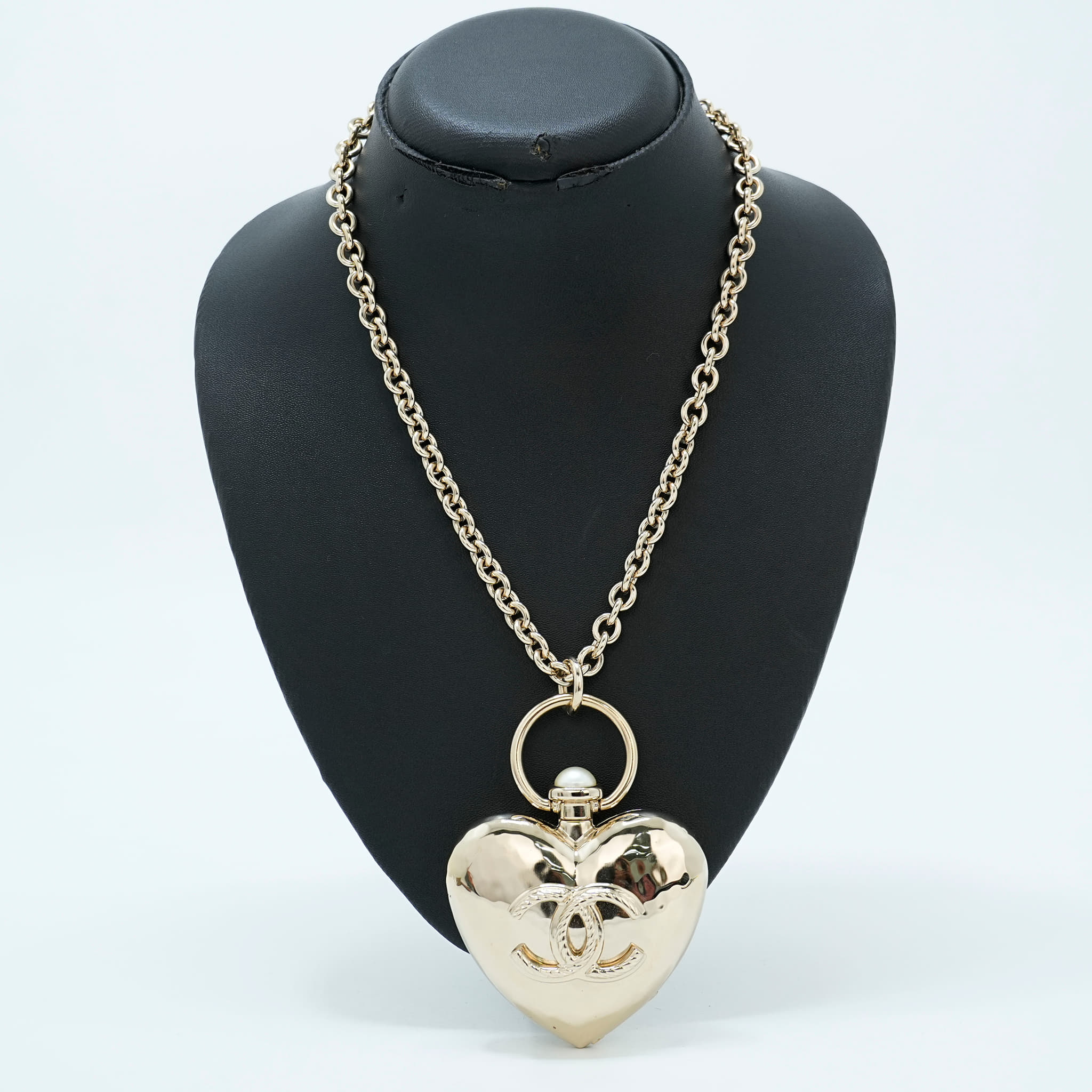 Chanel Metal CC Heart Locket Necklace Gold