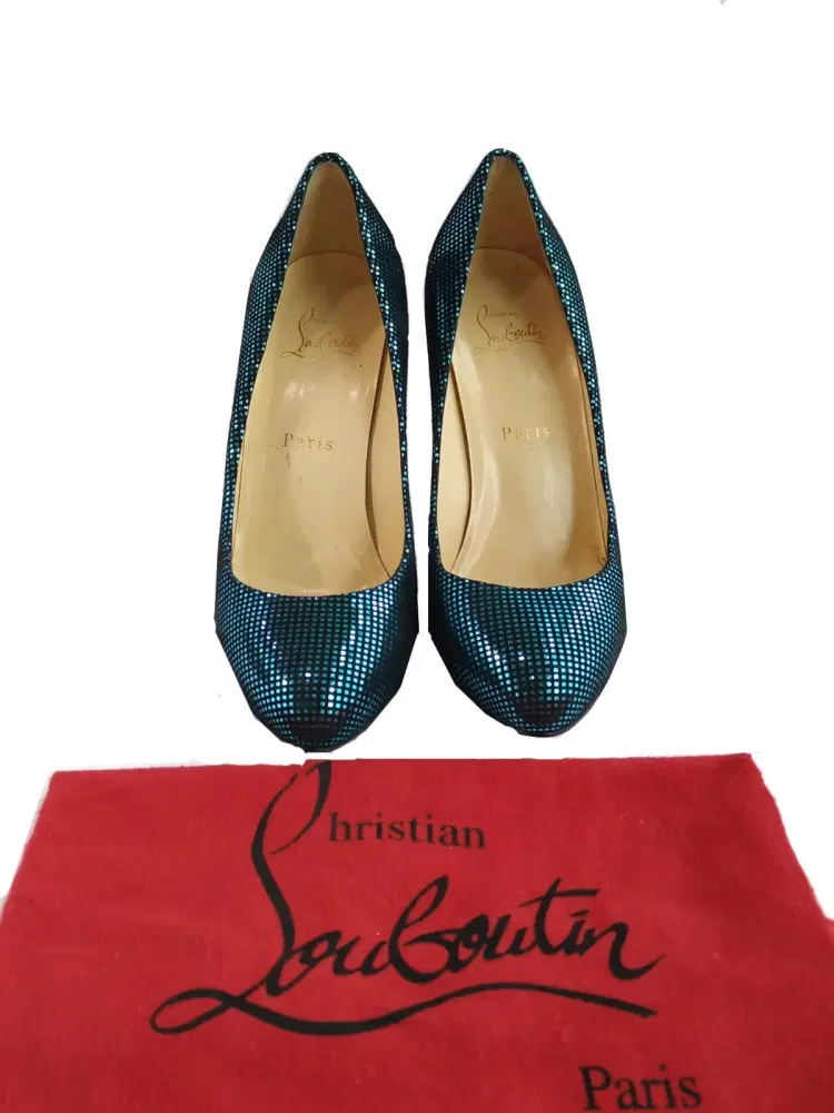 Christian Louboutin Turquoise Suede Square Metal Declic 120 Pumps-Hover-Image