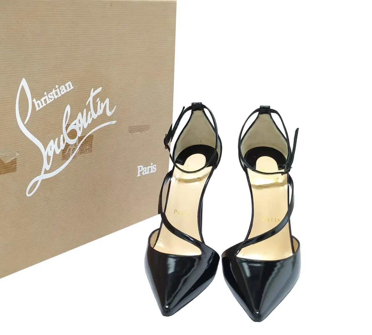 Size 37 - Christian Louboutin Fliketta Black Patent Leather Cross Ankle Strap Pump