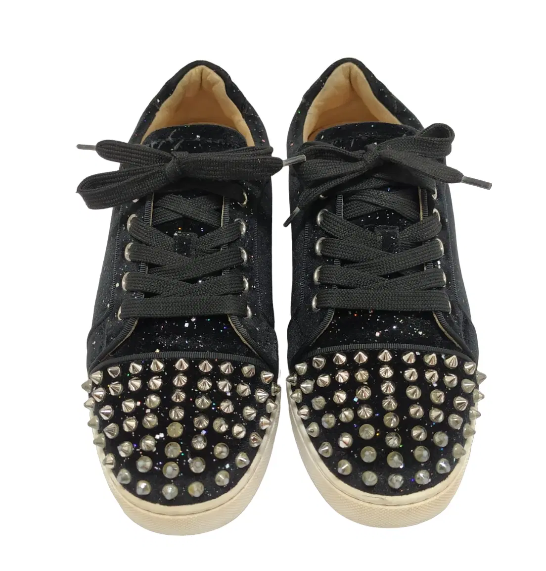 Size 38 - Christian Louboutin Black Glitter Suede Louis Junior Spikes Sneakers