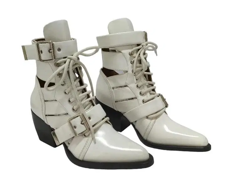 Size 37 - Chloe White Leather Patent Leather Ankle Boots