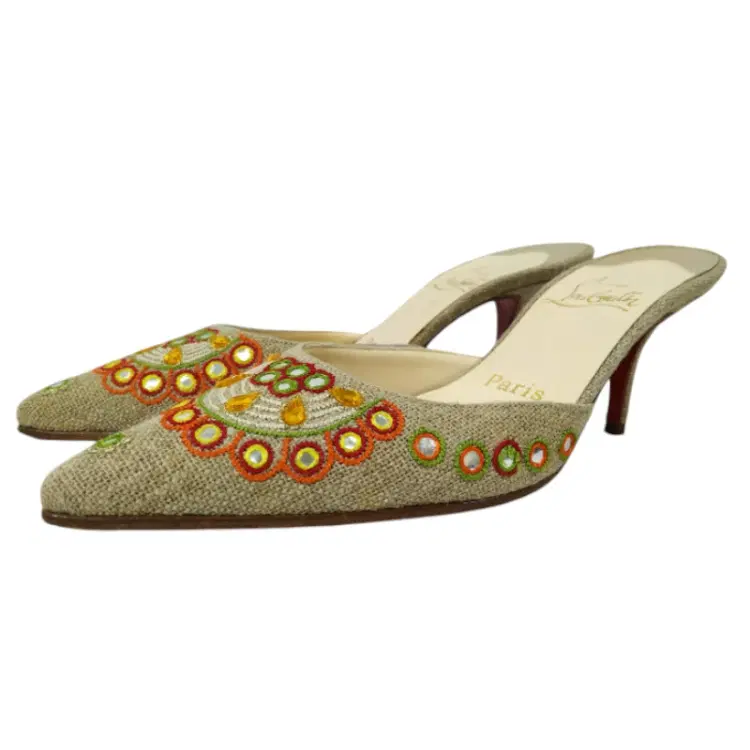 Christian Louboutin Natural Canvas Embroidered Grey Mules-Hover-Image