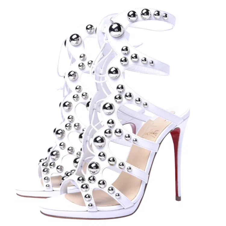 Size 38.5 - Christian Louboutin White Leather Studded Amazoubille Lace Up Sandals-Hover-Image