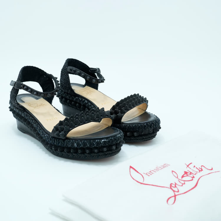 Size 38 - Christian Louboutin Black Leather Madmonica 60 Spiked Espadrille Sandals-Hover-Image