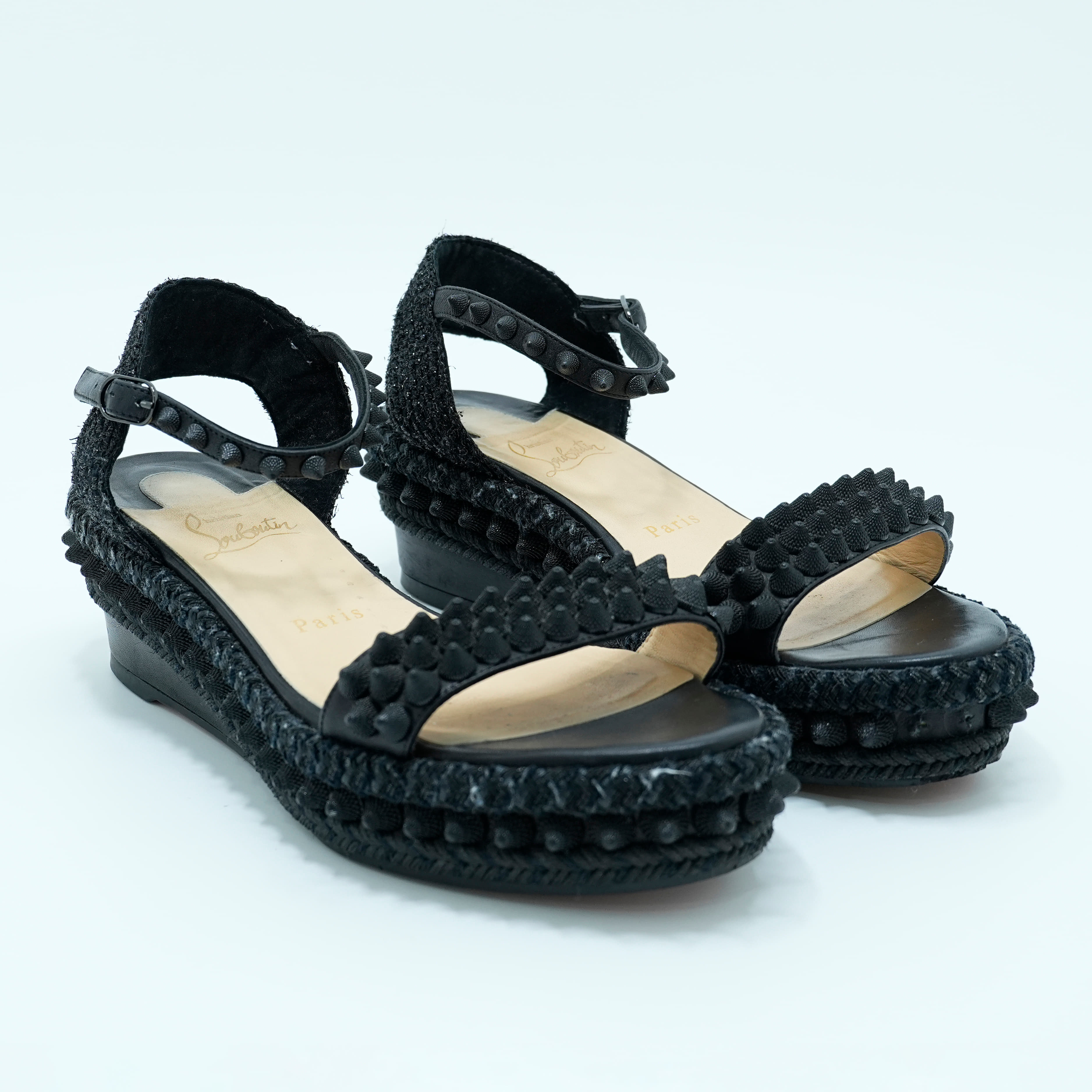 Size 38 - Christian Louboutin Black Leather Madmonica 60 Spiked Espadrille Sandals