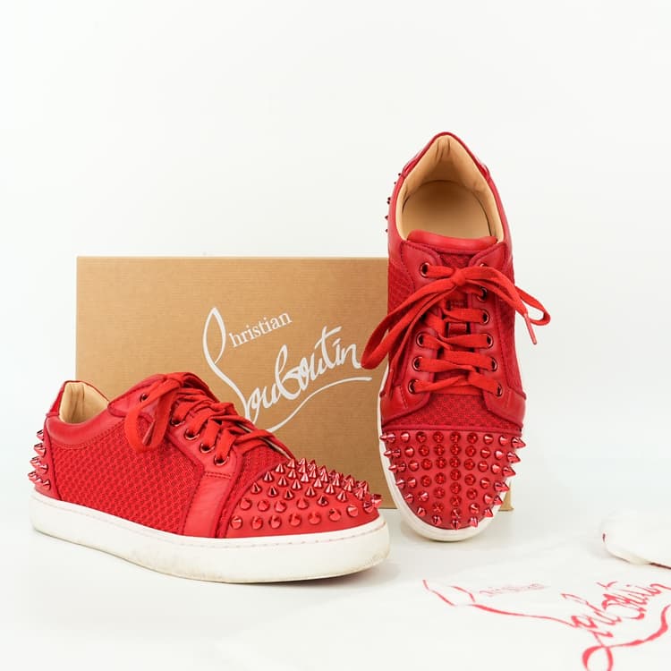 Size 37.5 - Christian Louboutin Red Mesh and Leather Vieira Spikes Low Top Sneakers-Hover-Image