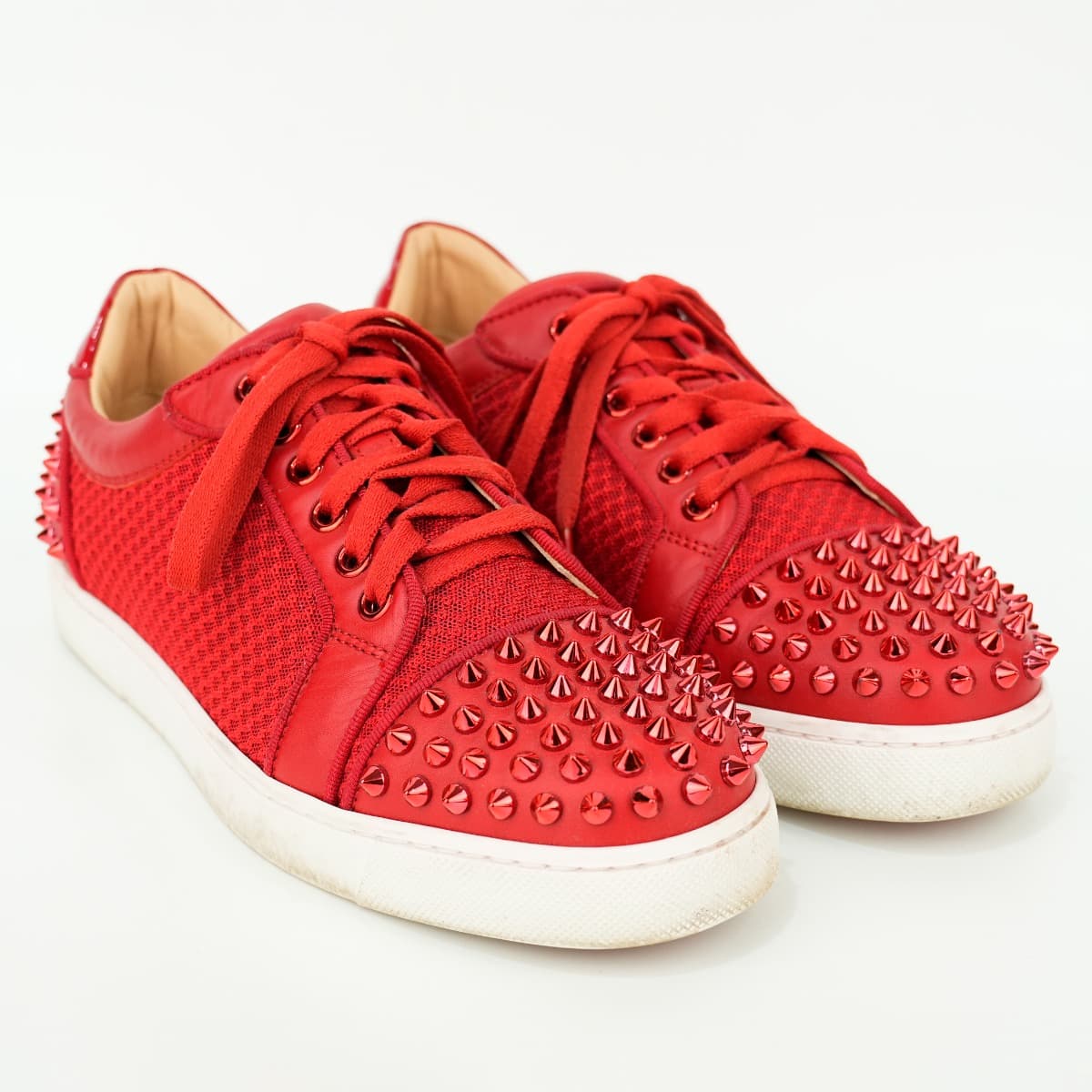 Size 37.5 - Christian Louboutin Red Mesh and Leather Vieira Spikes Low Top Sneakers