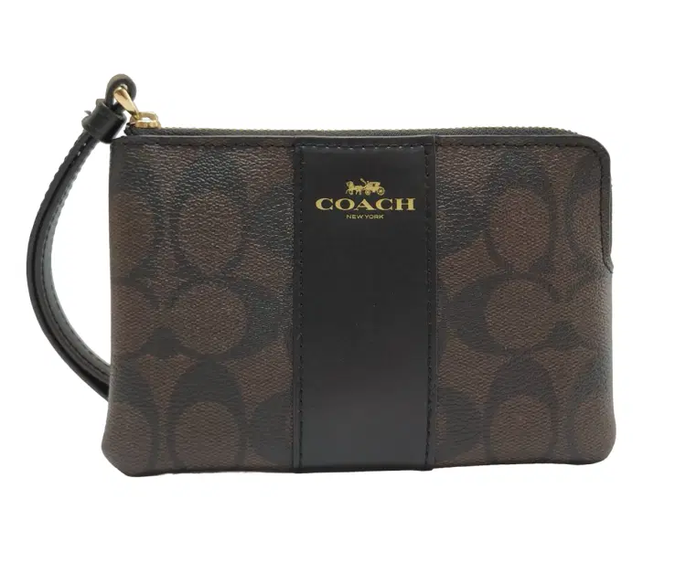 Coach Signature Canvas With Leather Stripe Corner Zip Wristlet-Hover-Image