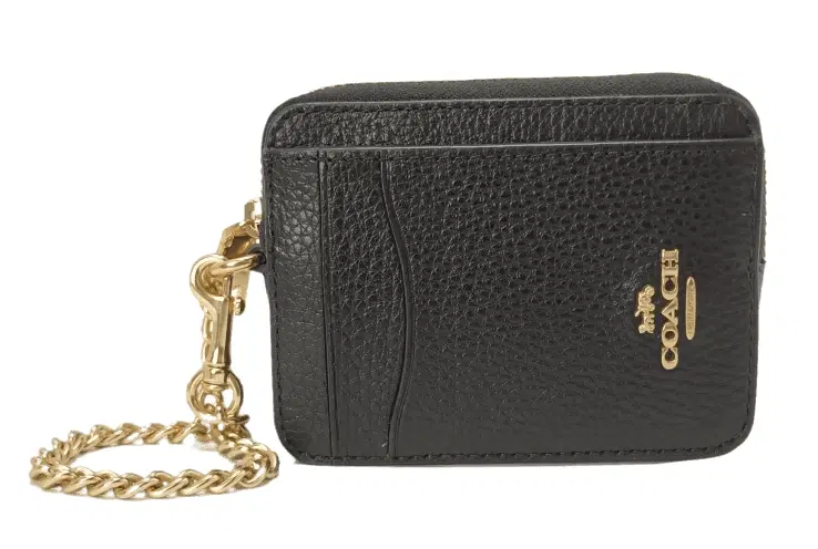 Coach Black Leather Zip ID Card Case with Chain