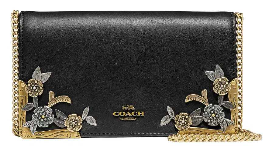 Coach Callie Metal Tea Rose Foldover Chain Clutch