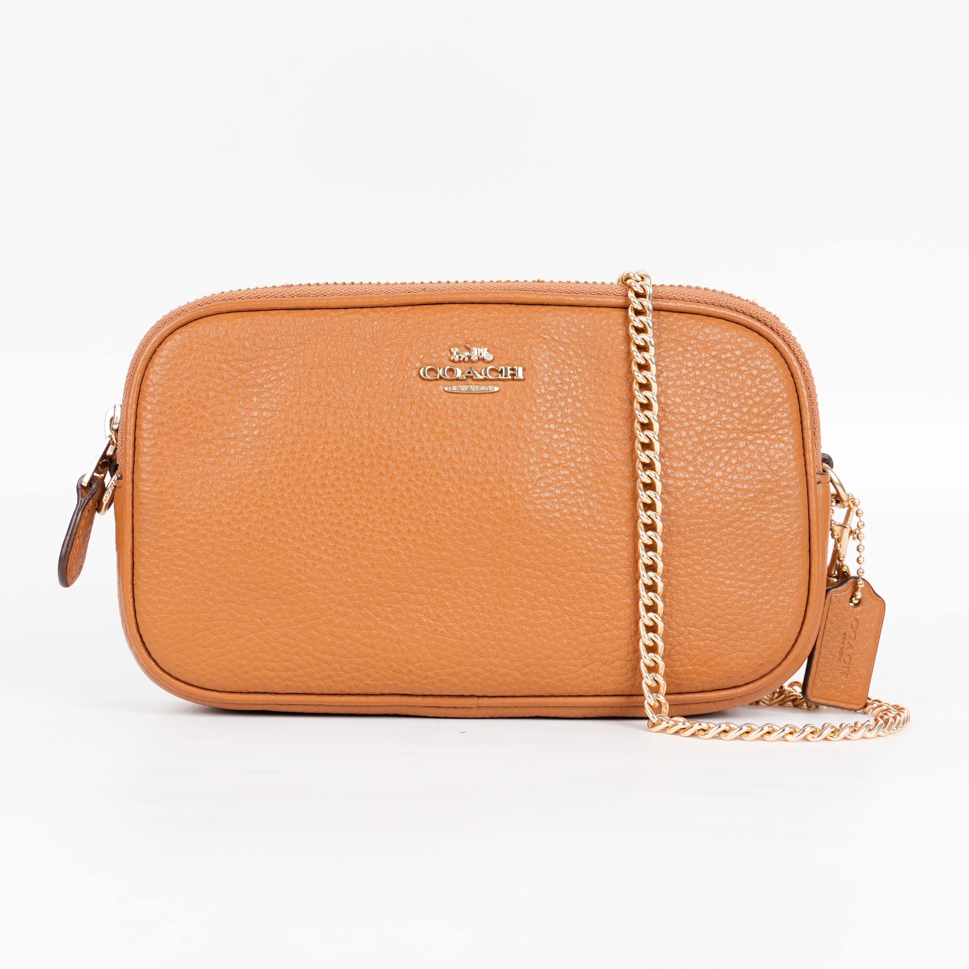 Coach Tan Pebbled Leather Double Zip Crossbody Bag