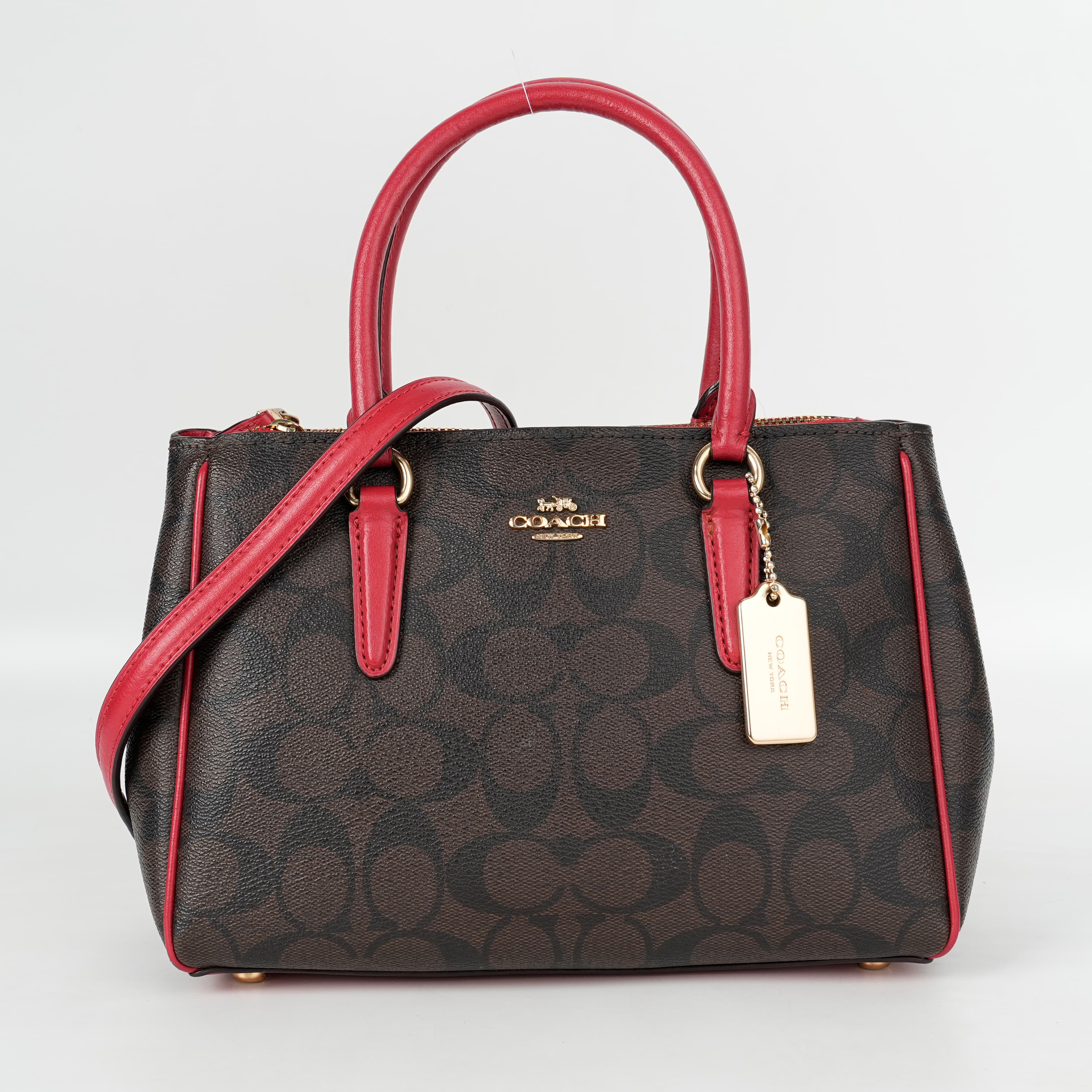 Coach Mini Surrey Carryall In Signature Canvas With Smooth Leather And Red Trim