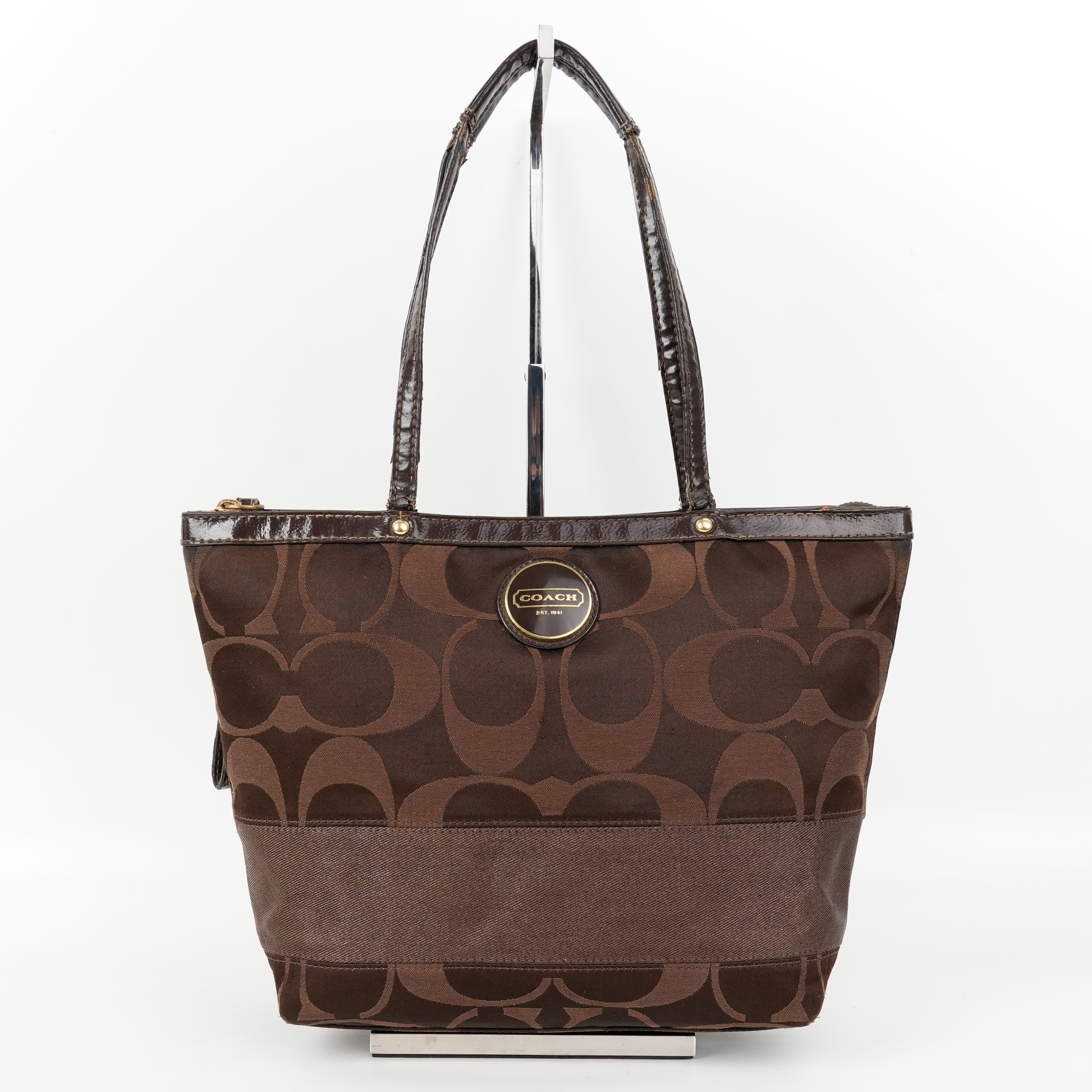 Coach Signature Stripe Tote In Dark Brown