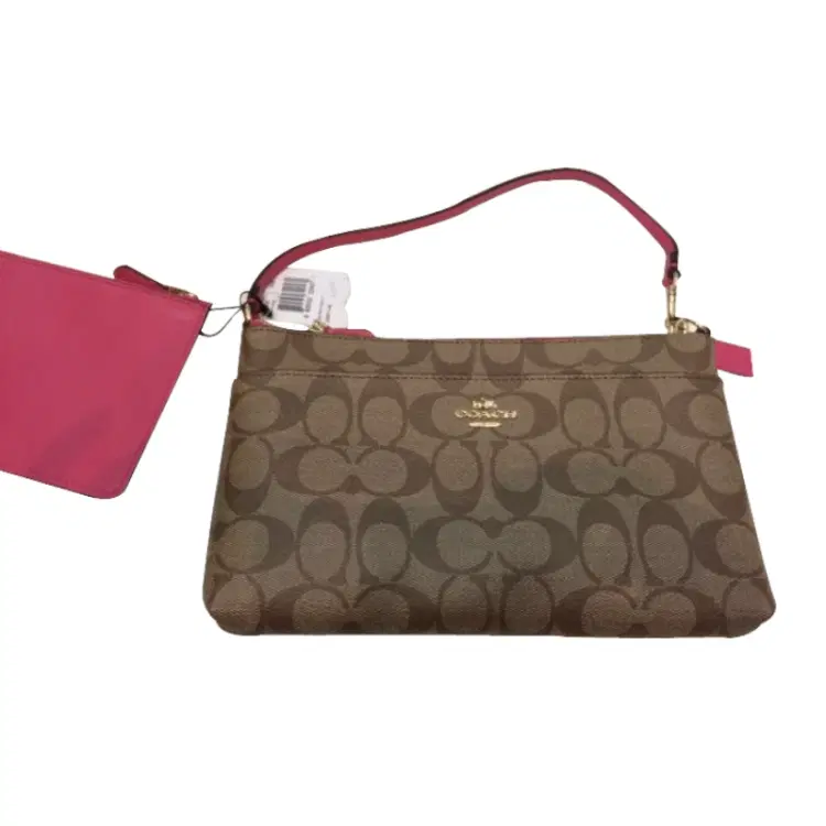 Coach Brown Monogram Clutch with Pink Strap-Hover-Image