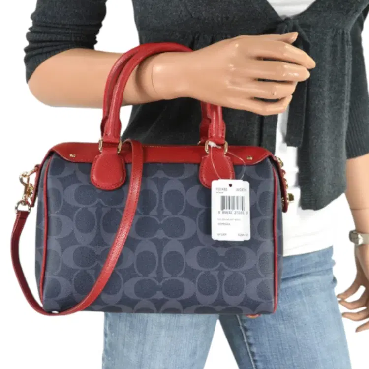 Coach Signature Mini Bennett Denim Red Leather Satchel Bag Handbag Purse-Hover-Image