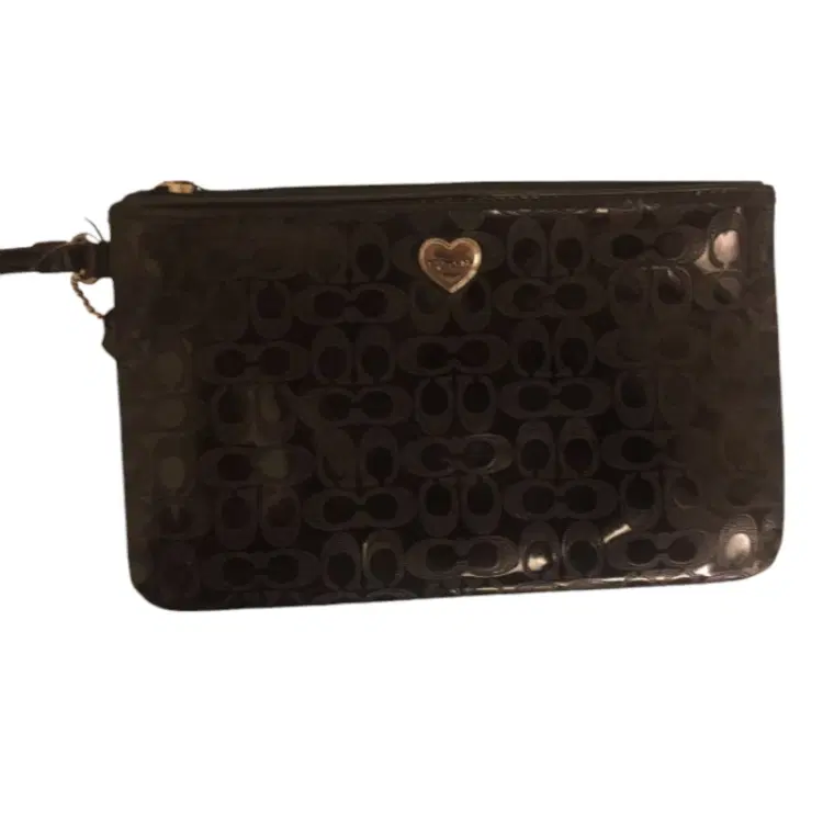Coach black embossed signature liquid Gloss Hearts Ribbon Wristlet-Hover-Image