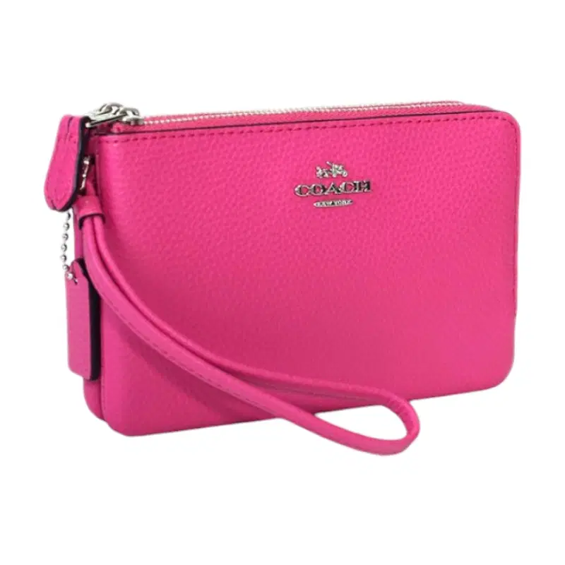 Coach Leather Corner Double Zip Pink wristlet