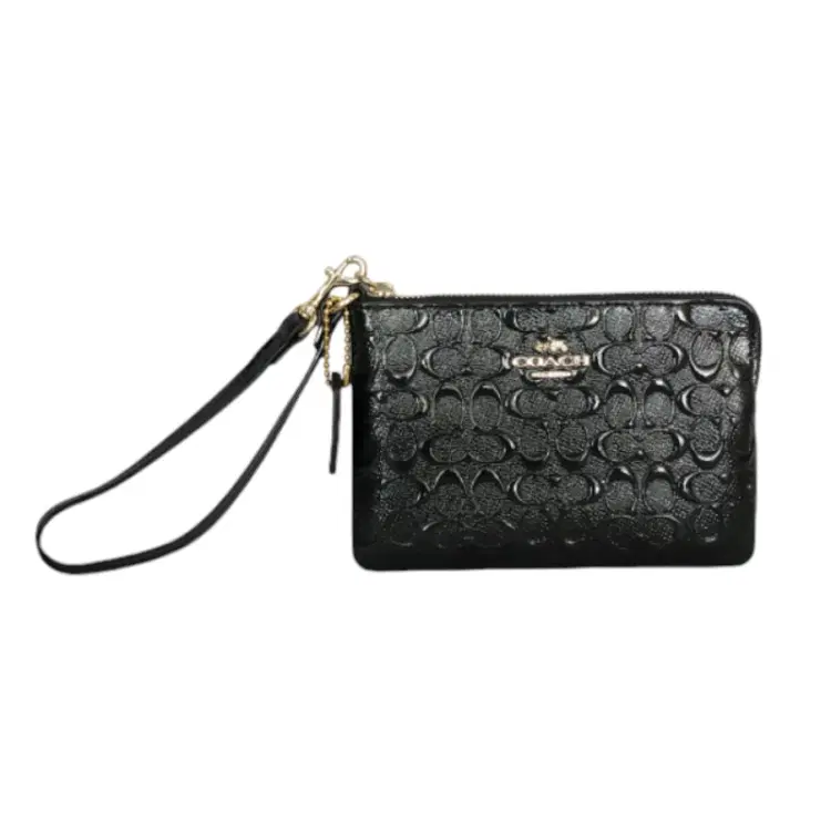 Coach Black Signature Debossed Patent Leather Corner Zip Wristlet-Hover-Image