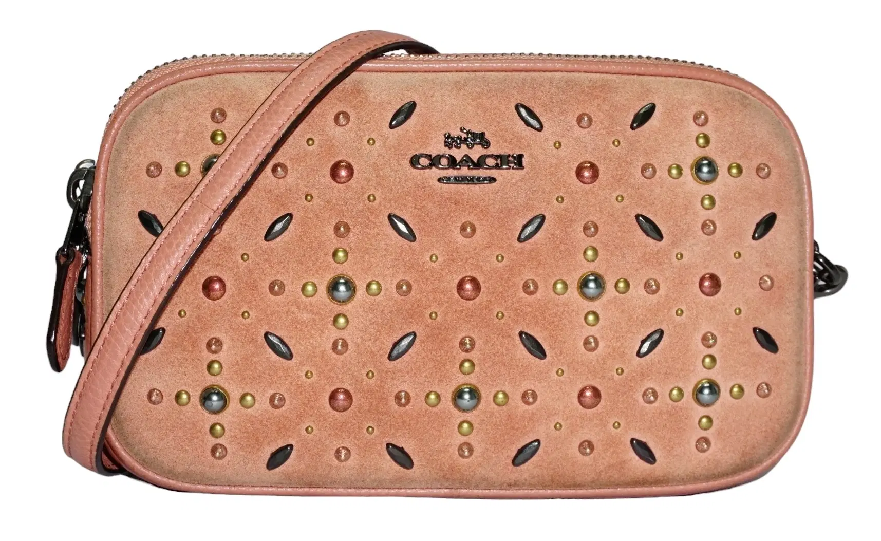 Coach Coral Orange Leather and Suede Rivets Saddie Crossbody Bag
