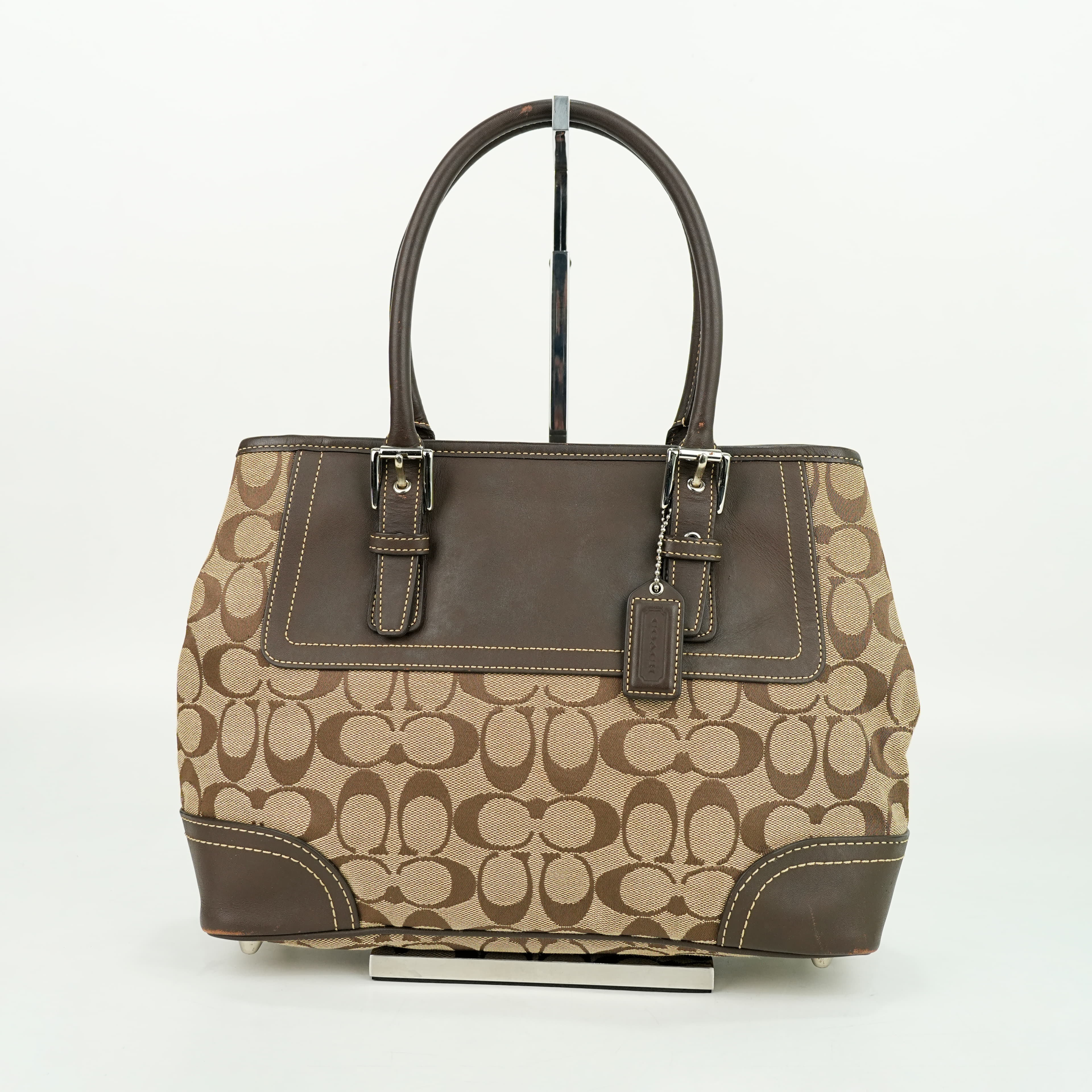 Coach Hampton Signature Jacquard With Leather Trim Satchel Khaki/Brown