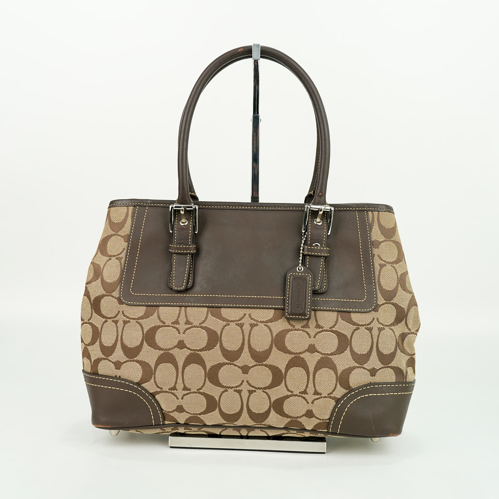 Coach Hampton Signature Jacquard With Leather Trim Satchel Khaki/Brown