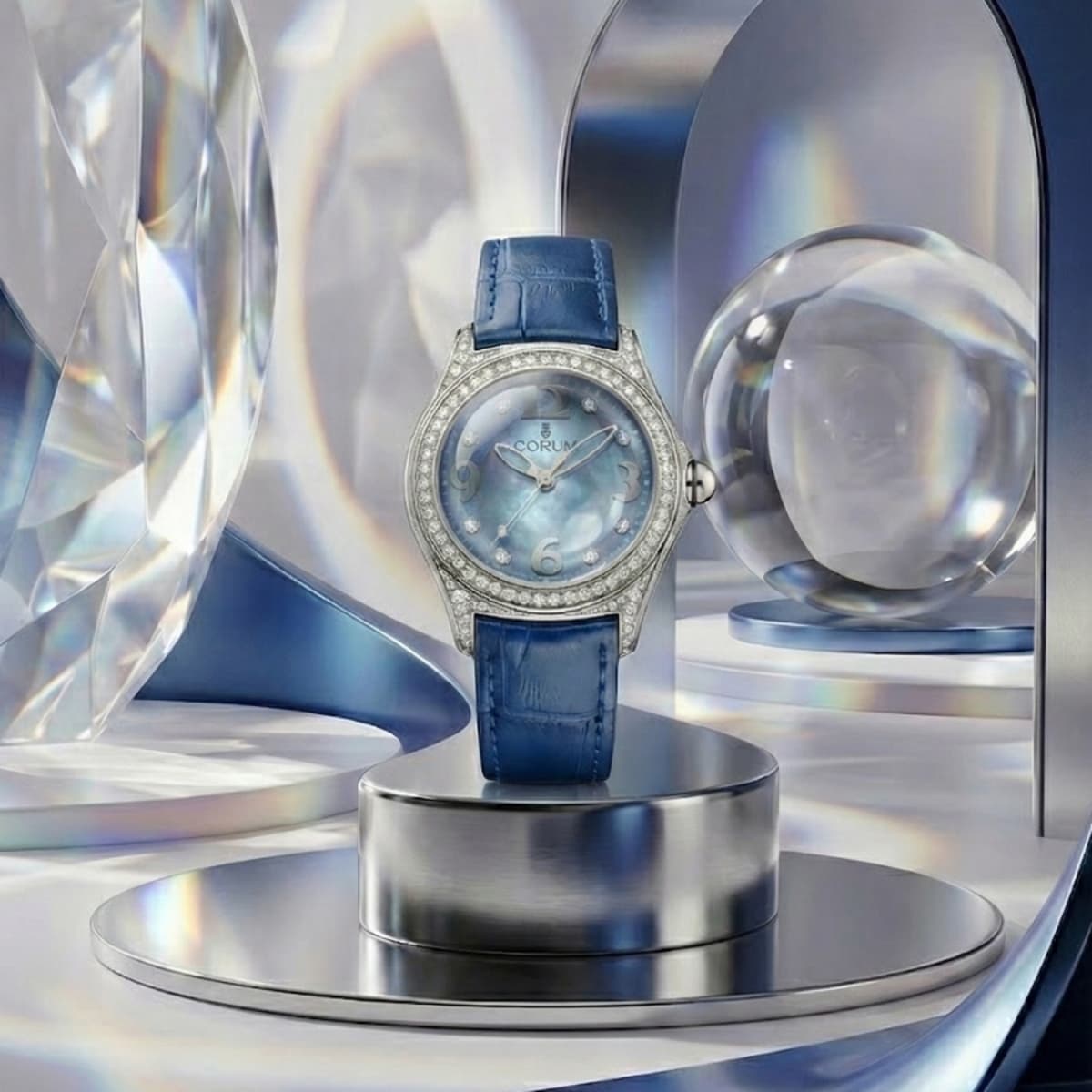 Corum Bubble Mini Diamond Steel Metallic Blue Ladies Watch