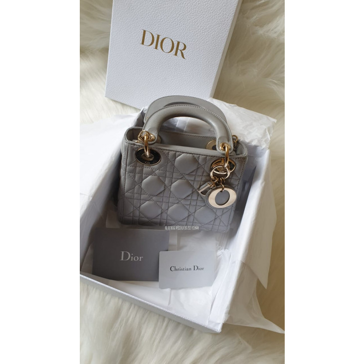 Small Lady Dior Bag Gray Smooth Calfskin and Satin with Bead Embroidery   DIOR TH
