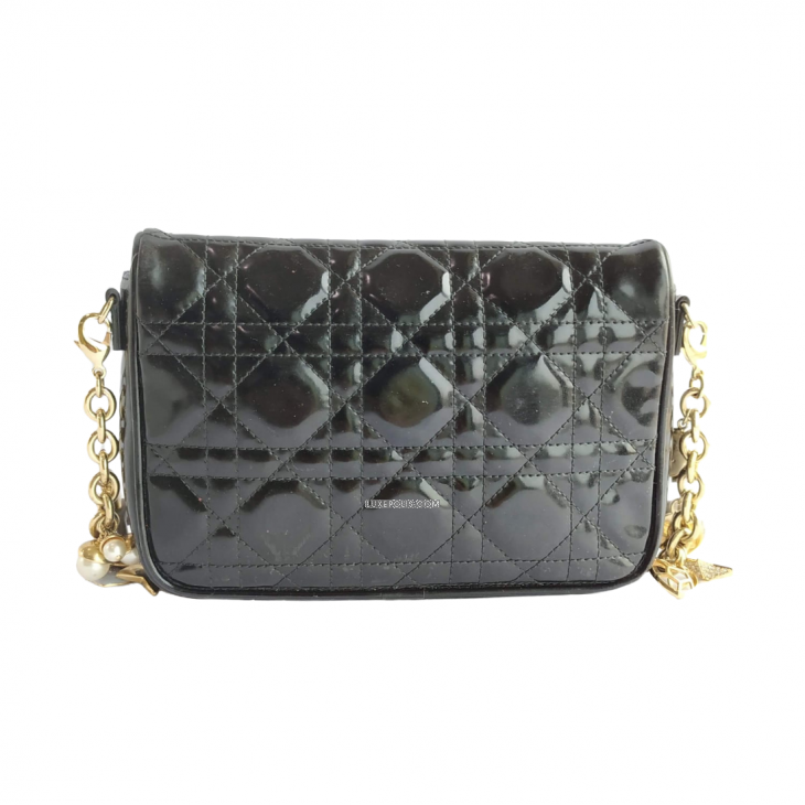 CHRISTIAN DIOR Patent Cannage Lady Dior Charms Pochette Black 167723