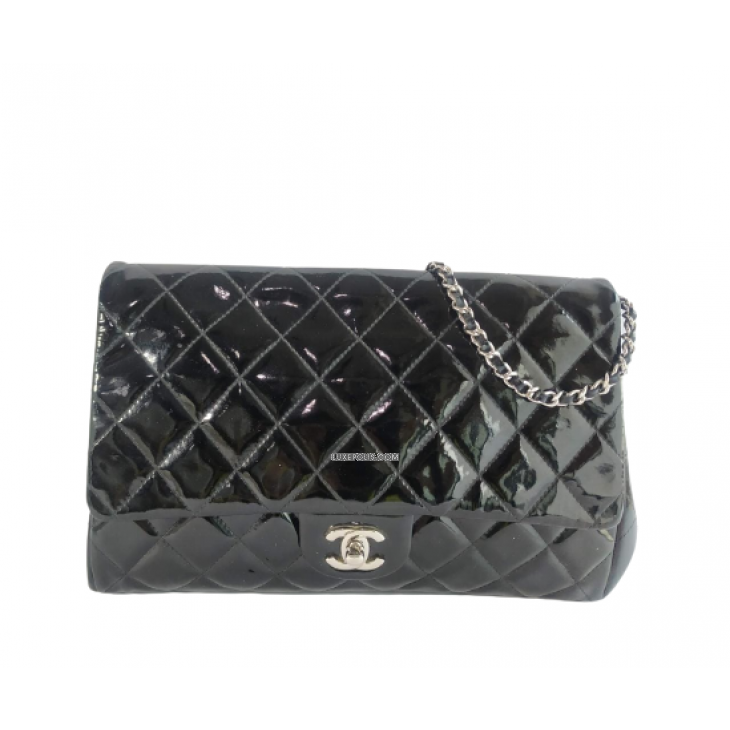Chanel Black Quilted Patent Leather Maxi Single Flap Bag with Gold