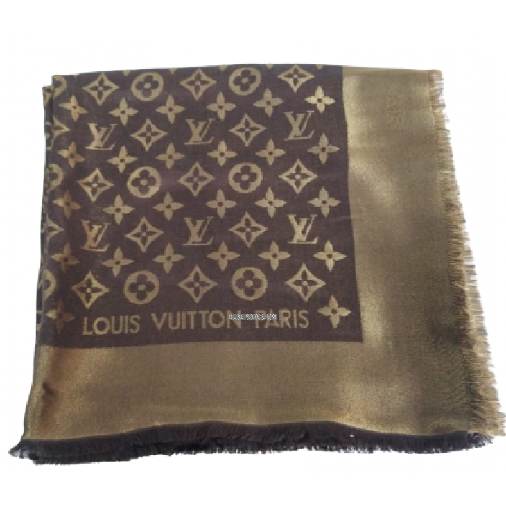 Louis Vuitton Brown and Gold Monogram Logomania Shine Scarf (Like New), Apparel
