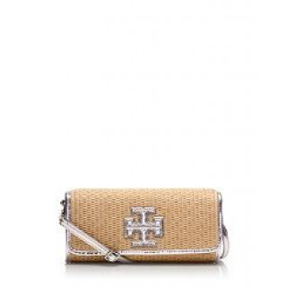 Tory Burch Natural and Silver Stack T Clutch