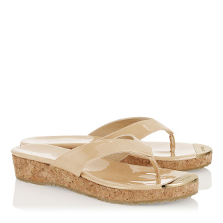 Jimmy Choo Pence Nude Patent Leather Cork Wedge Sandals