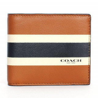 Coach Men's Compact ID Calf Leather Wallet Saddle
