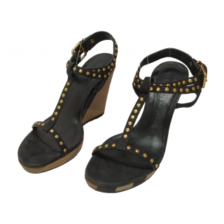 Burberry Black Studded Strappy Wedges Heel Sandals