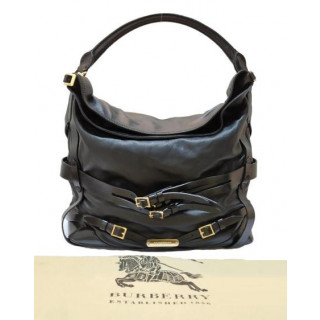Burberry Black Leather Belted Gosford Bridle Hobo Bag