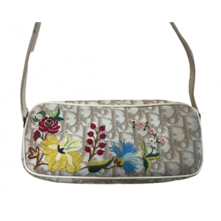 Dior Beige Coated Canvas Logo Embroidered Flowers Pochette Bag