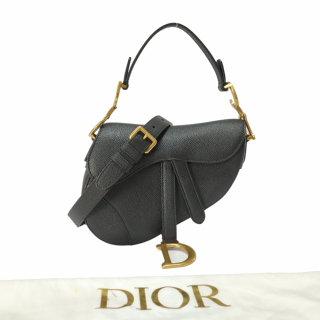 Dior Black Grained Calfskin Mini Saddle Bag With Strap