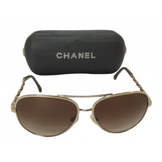 Chanel Gold Tone/ Brown Leather Chain Link Aviator Sunglasses