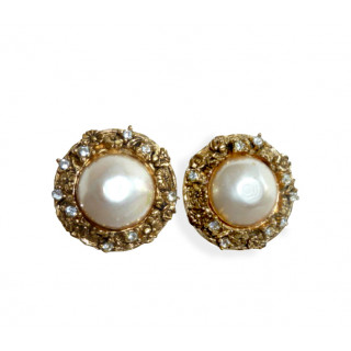 Chanel Diamond with tiny Camellia Pearl Clipped Earrings
