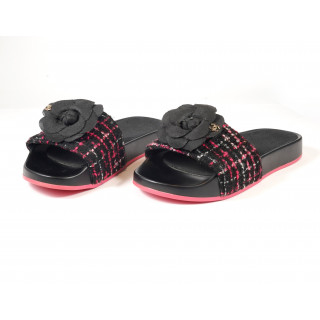 Chanel CC Camellia Tweed Pool Slide Sandals