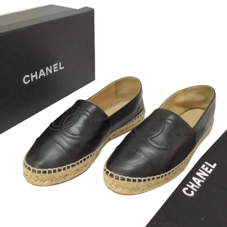Chanel CC Logo Black Leather Espadrilles
