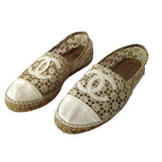Chanel Ivory Crochet and Patent Leather Espadrilles