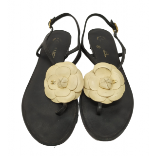 Chanel Black Leather Camellia CC Flat Sandals