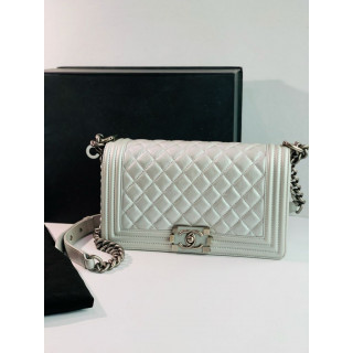 Chanel Silver Quilted Patent Leather Medium Boy Flap Bag