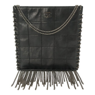 Chanel Lambskin Vintage Square Stitched Chain Fringe Crossbody Black