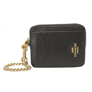 Coach Black Leather Zip ID Card Case with Chain